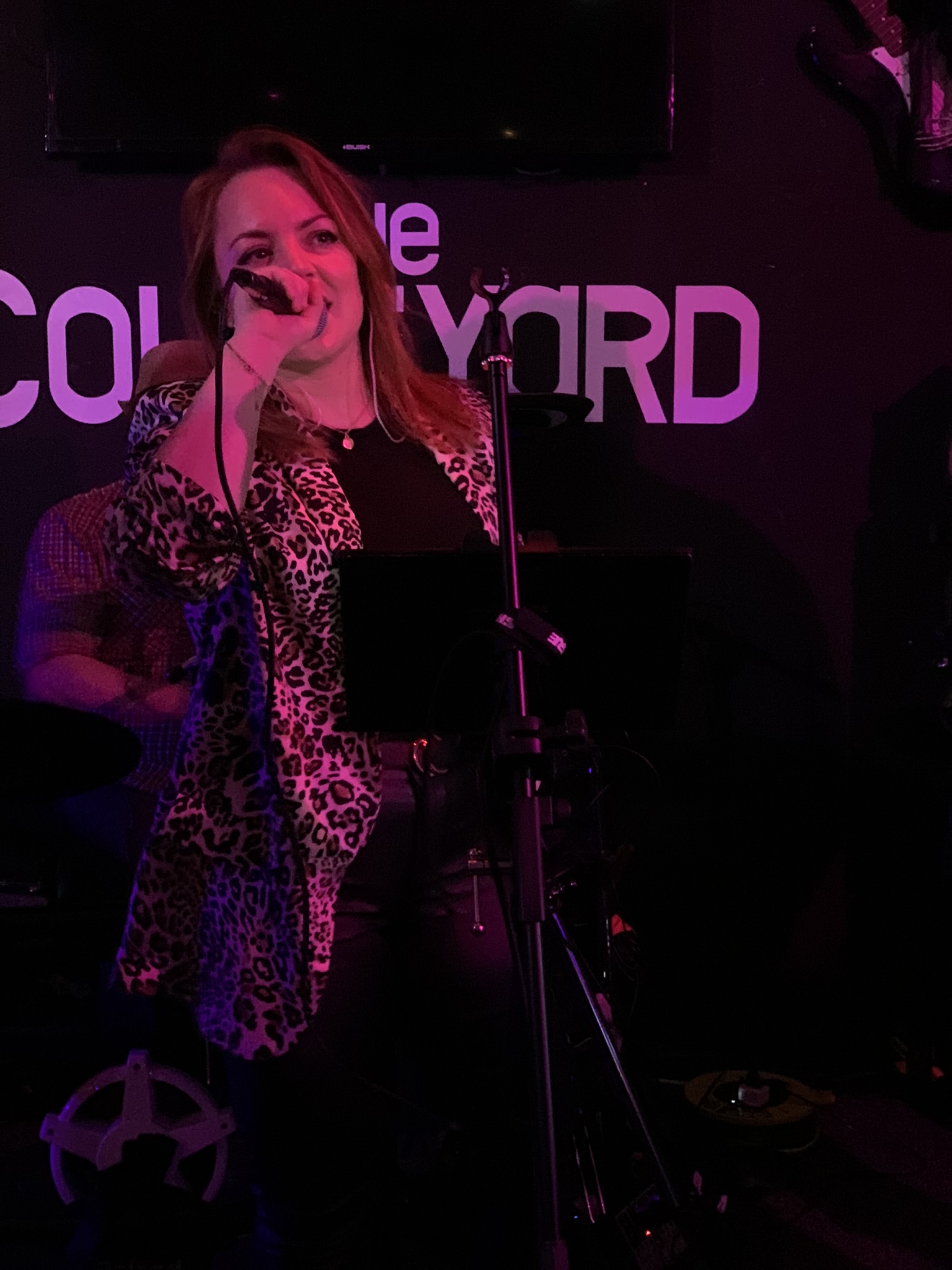 Vocalist performing at The Courtyard under deep purple stage lighting